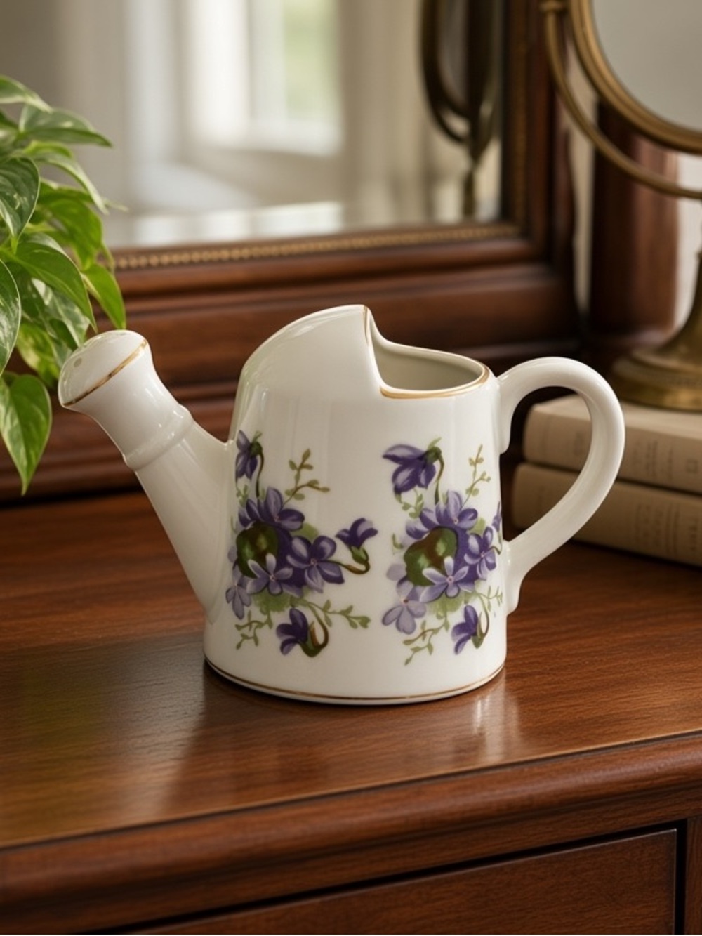 Vtg Japan Flower Watering Can Porcelain Violets Floral Cottage Planter Trinket